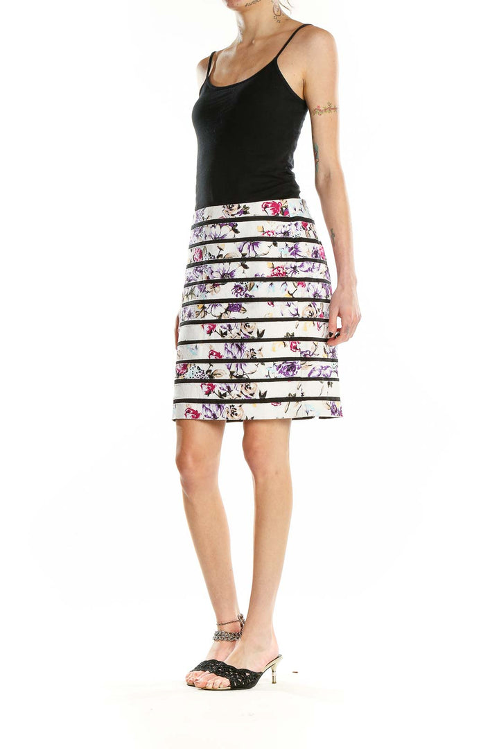 Front view of White House Black Market floral striped pencil skirt