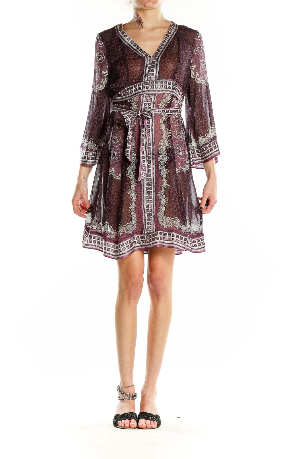 Front view of burgundy paisley print wrap dress with V-neckline and bell sleeves