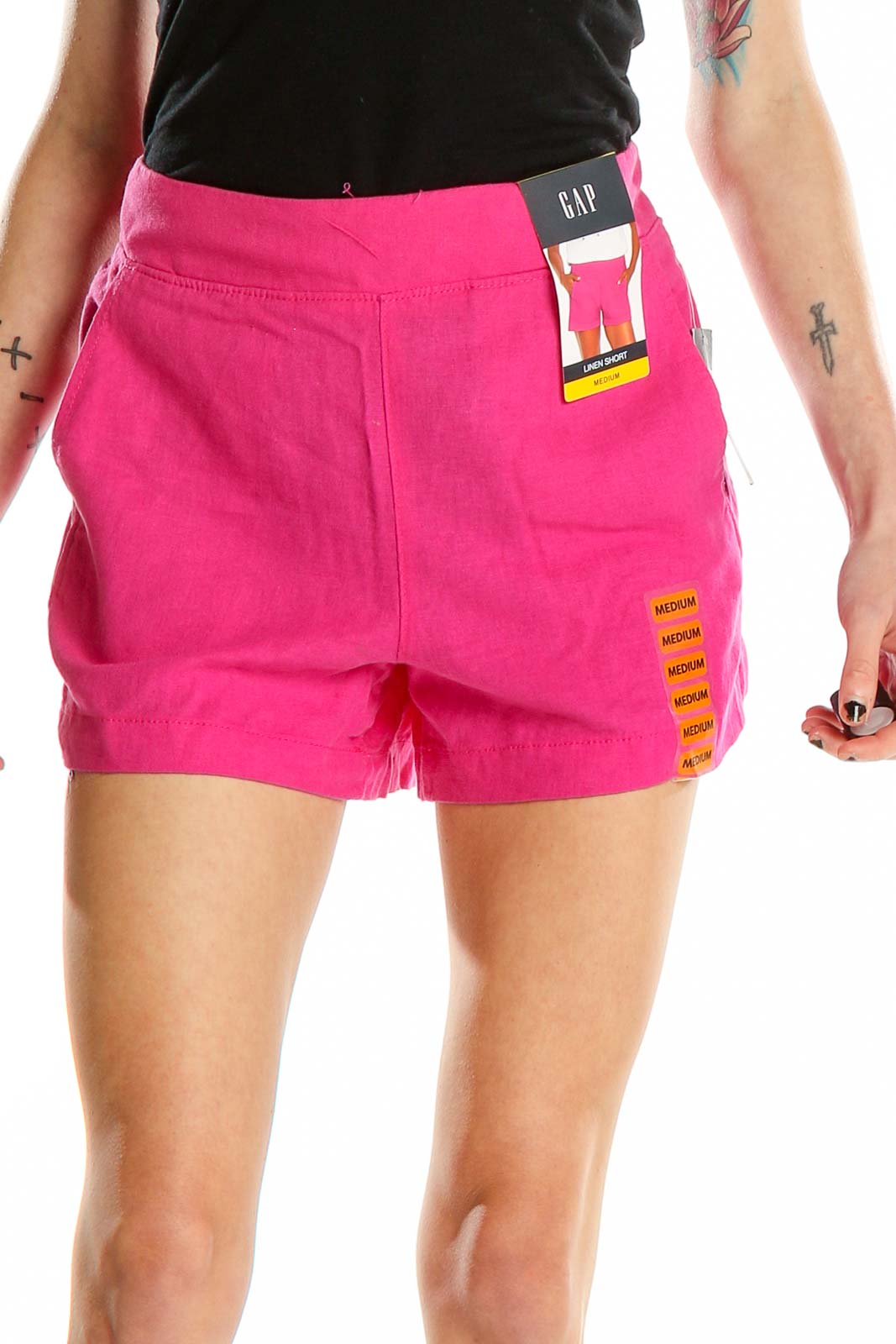 Front view of Gap hot pink linen-blend shorts with elastic waistband
