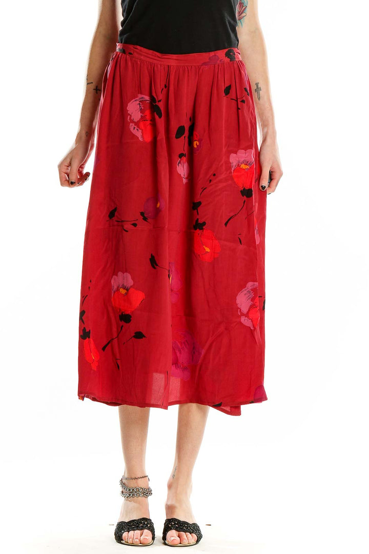 Front view of Carole Little red floral silk midi skirt