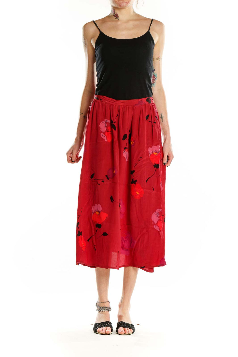 Front view of Carole Little red floral silk midi skirt