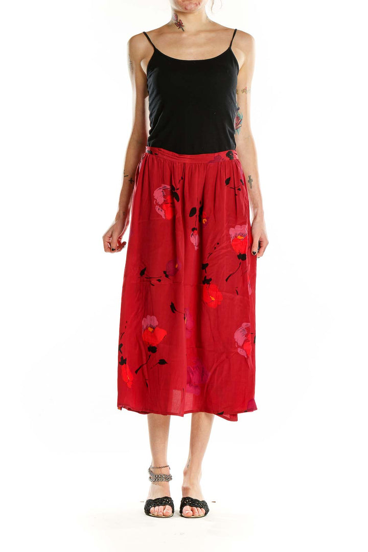Front view of Carole Little red floral silk midi skirt