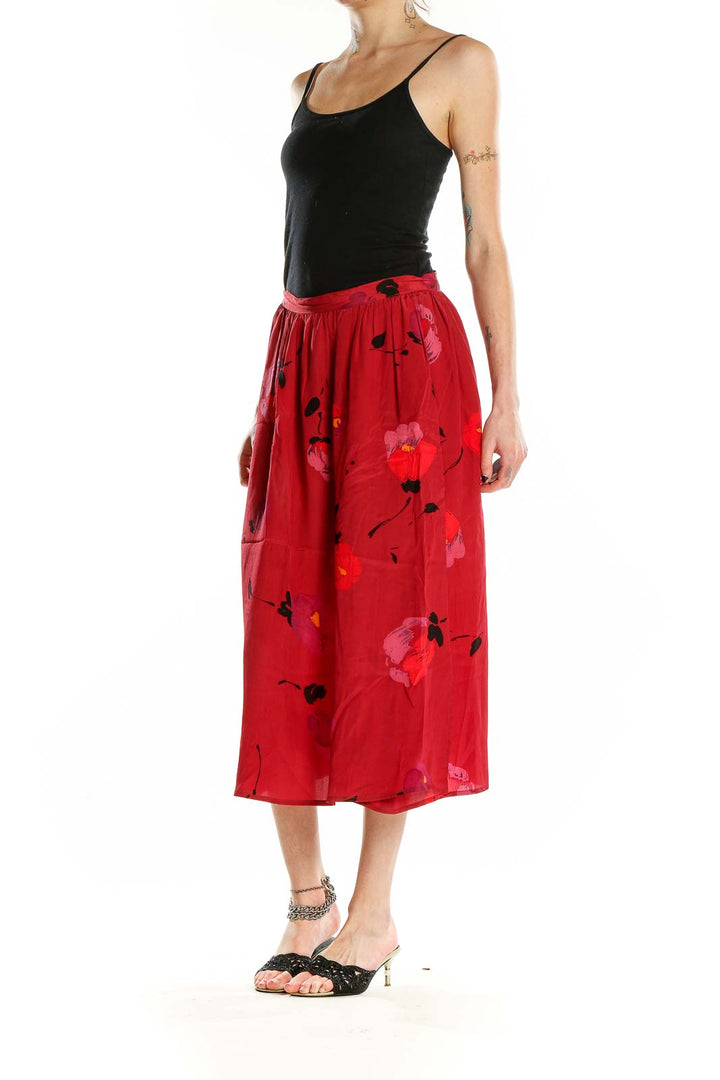 Front view of Carole Little red floral silk midi skirt