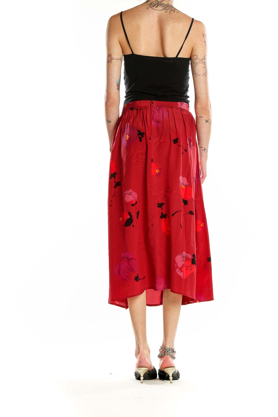 Back view of Carole Little red floral silk midi skirt