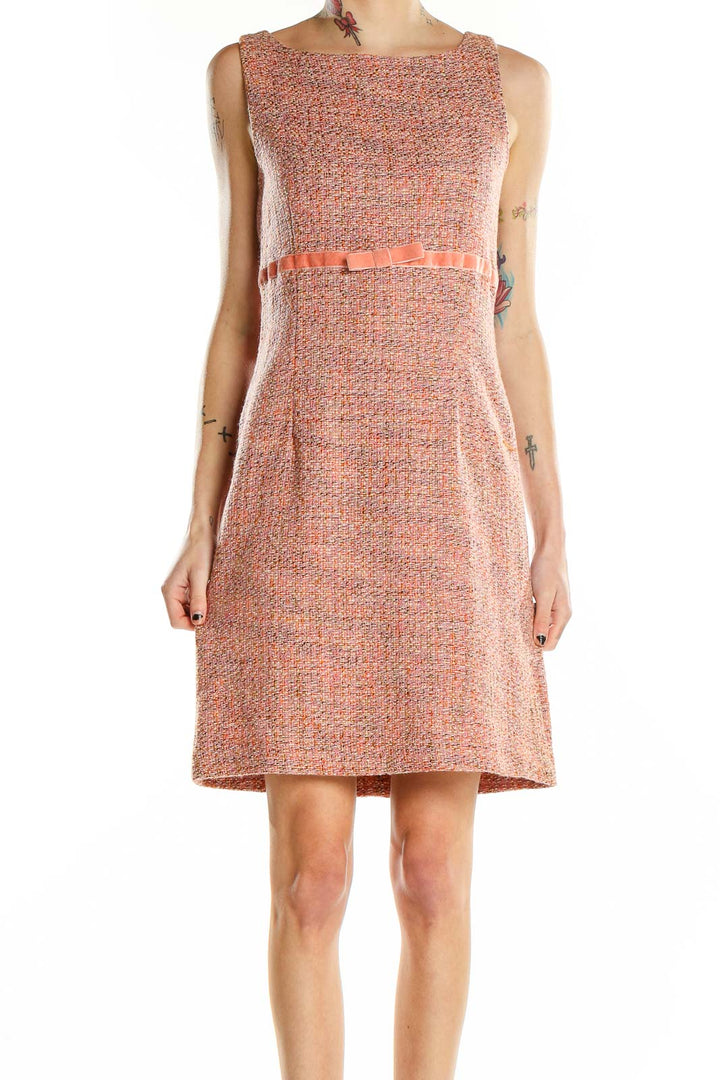 Front view of Gap coral tweed sleeveless dress with waist ribbon