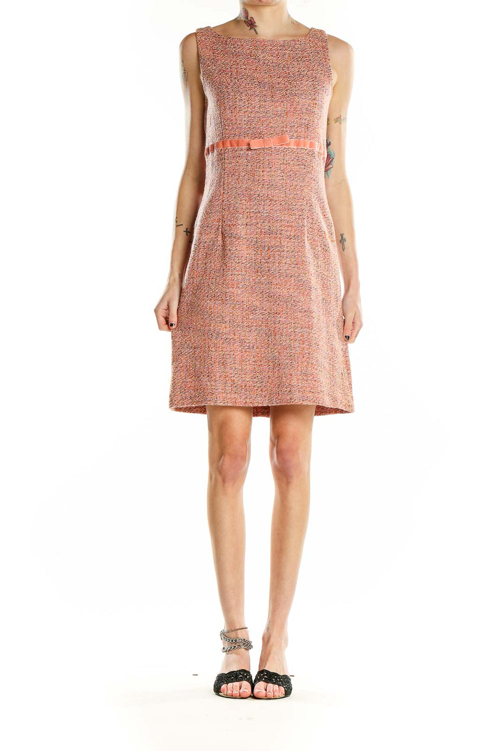 Front view of Gap coral tweed sleeveless dress with waist ribbon