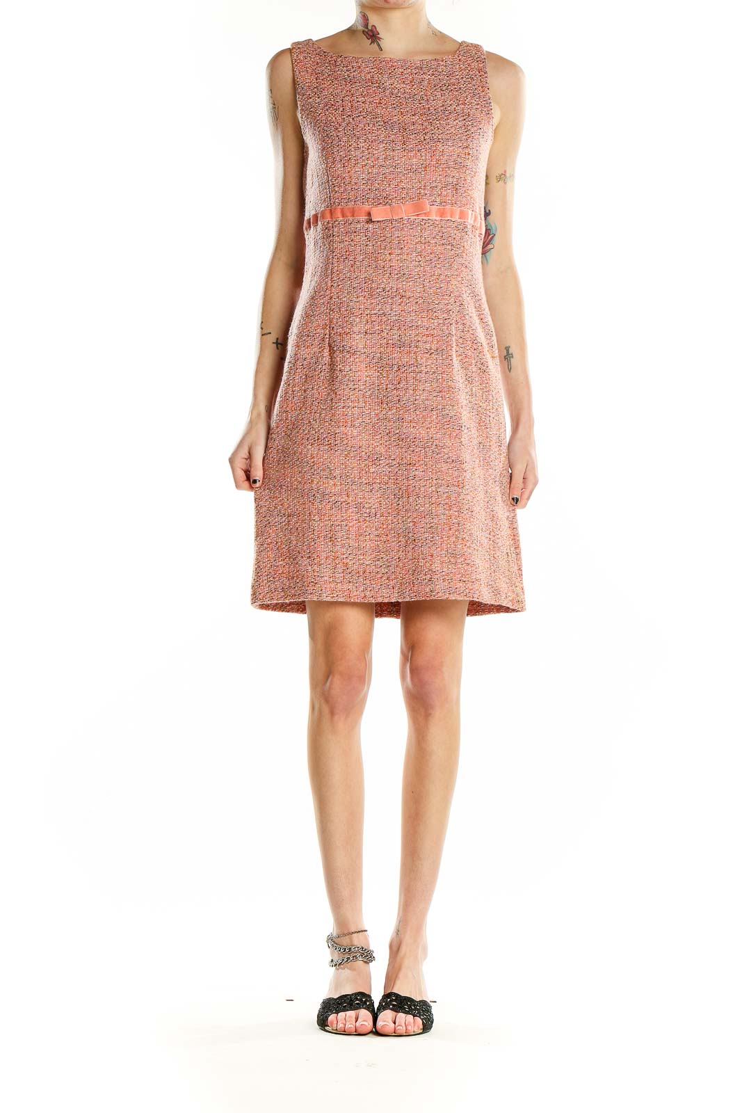 Front view of Gap coral tweed sleeveless dress with waist ribbon
