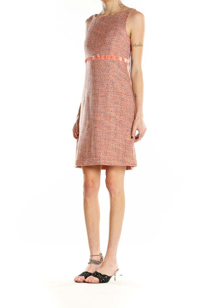 Front view of Gap coral tweed sleeveless dress with waist ribbon