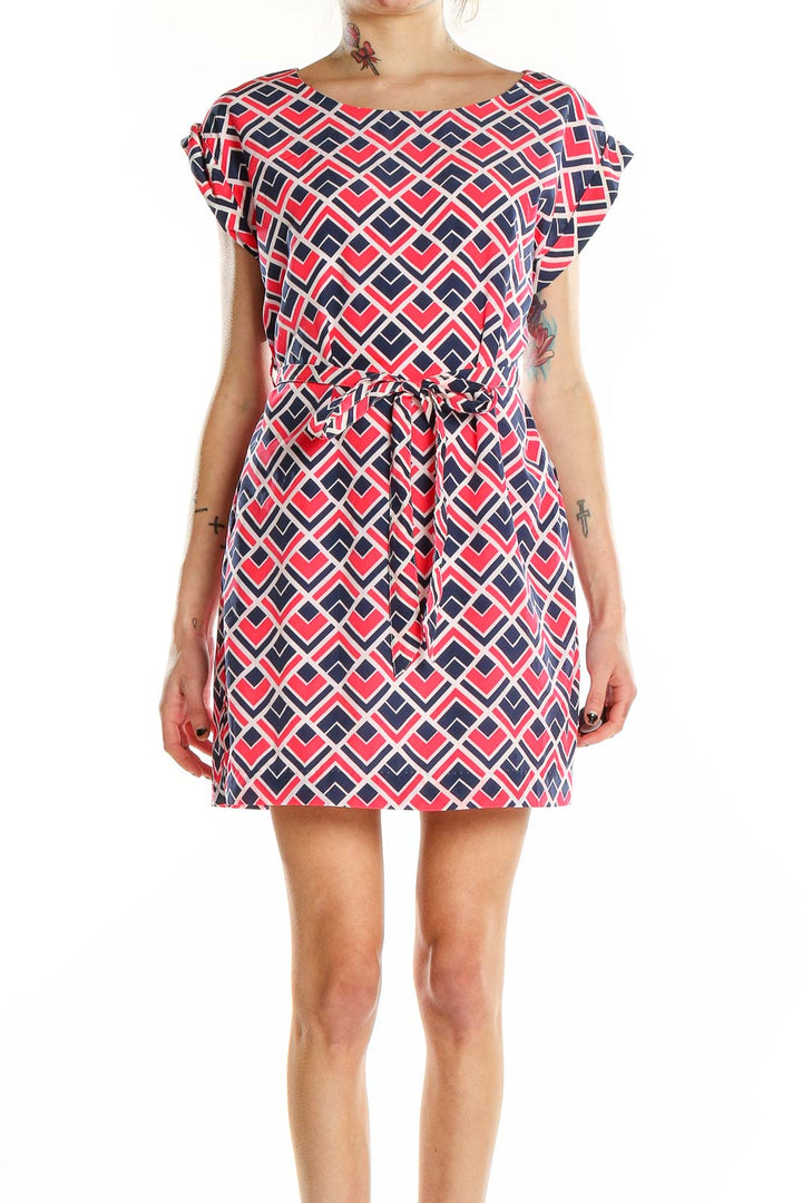 Front view of red and navy geometric print dress from Gap