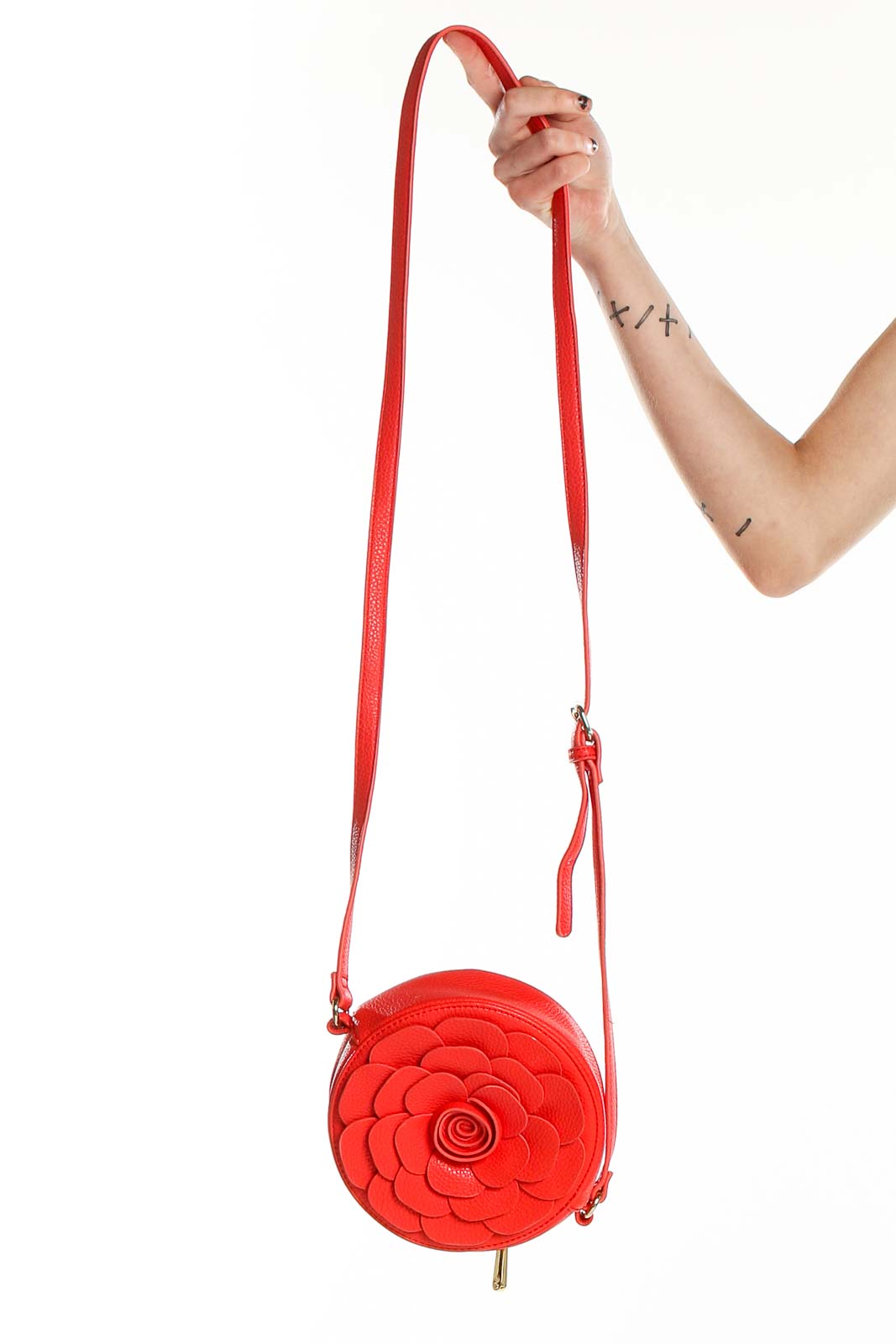 Front view of SilkRoll Red Floral Circular Crossbody Bag with long strap