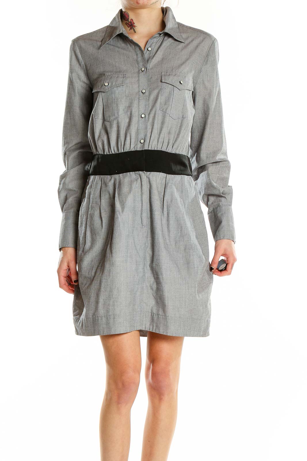 Front view of gray BCBGeneration shirt dress with black belt