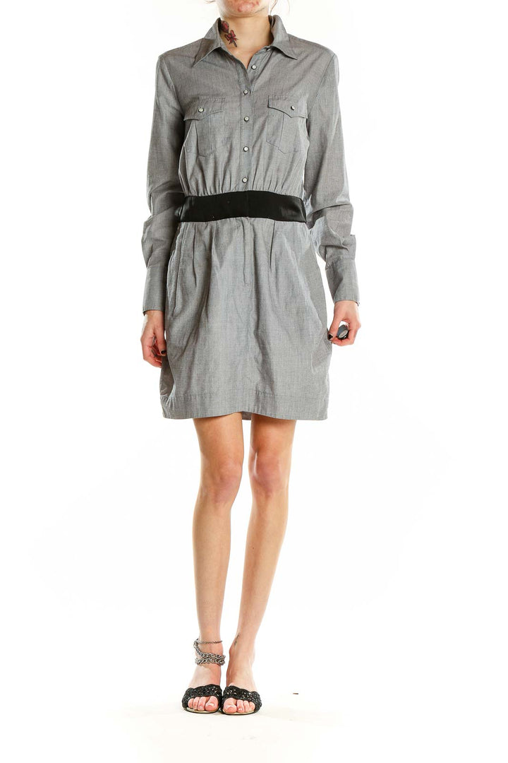 Front view of gray BCBGeneration shirt dress with black belt