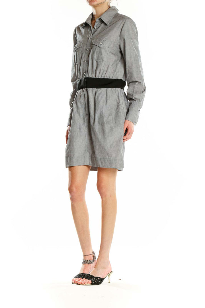 Front view of gray BCBGeneration shirt dress with black belt