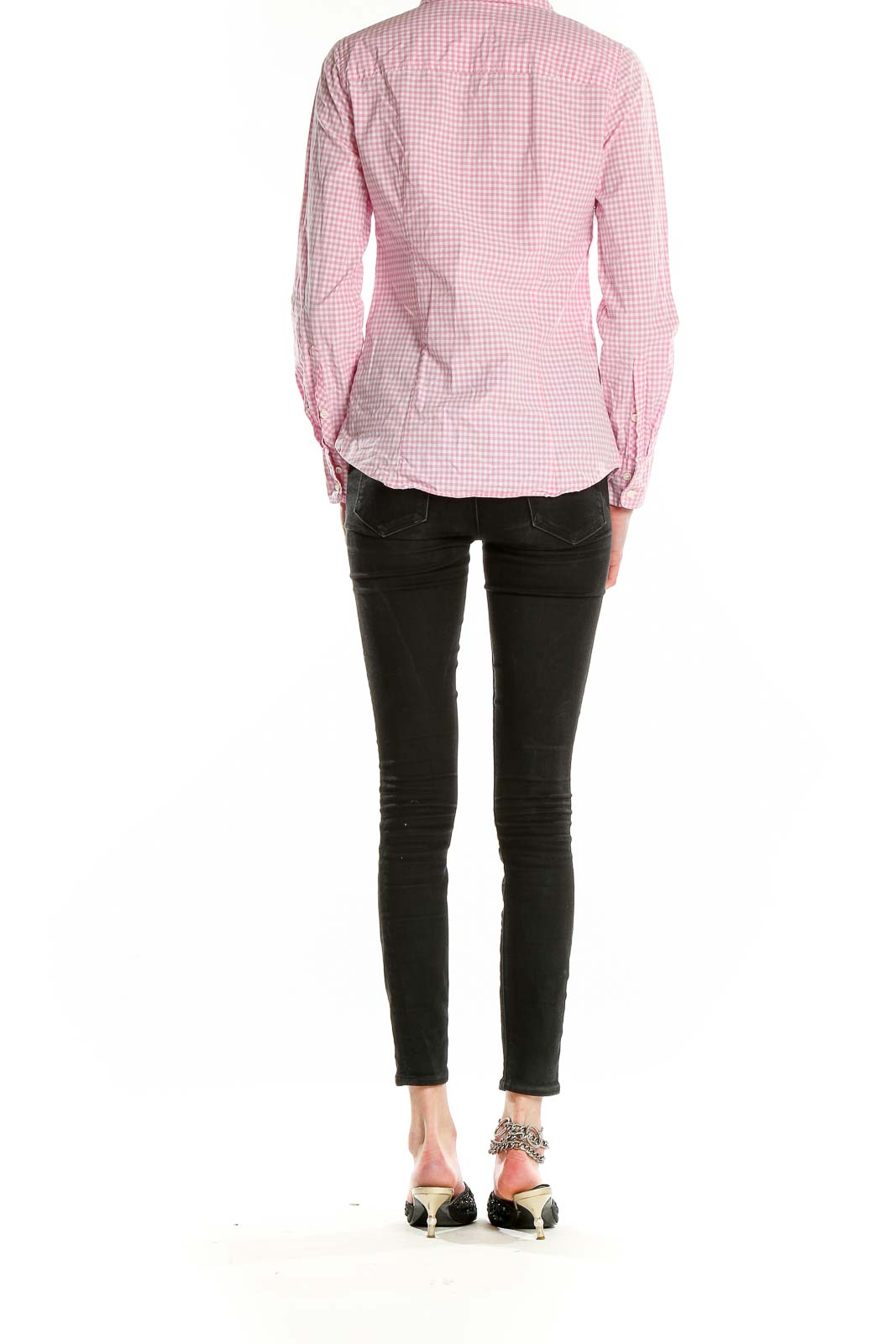 Back view of J.Crew pink gingham check cotton button-up shirt on model with black jeans