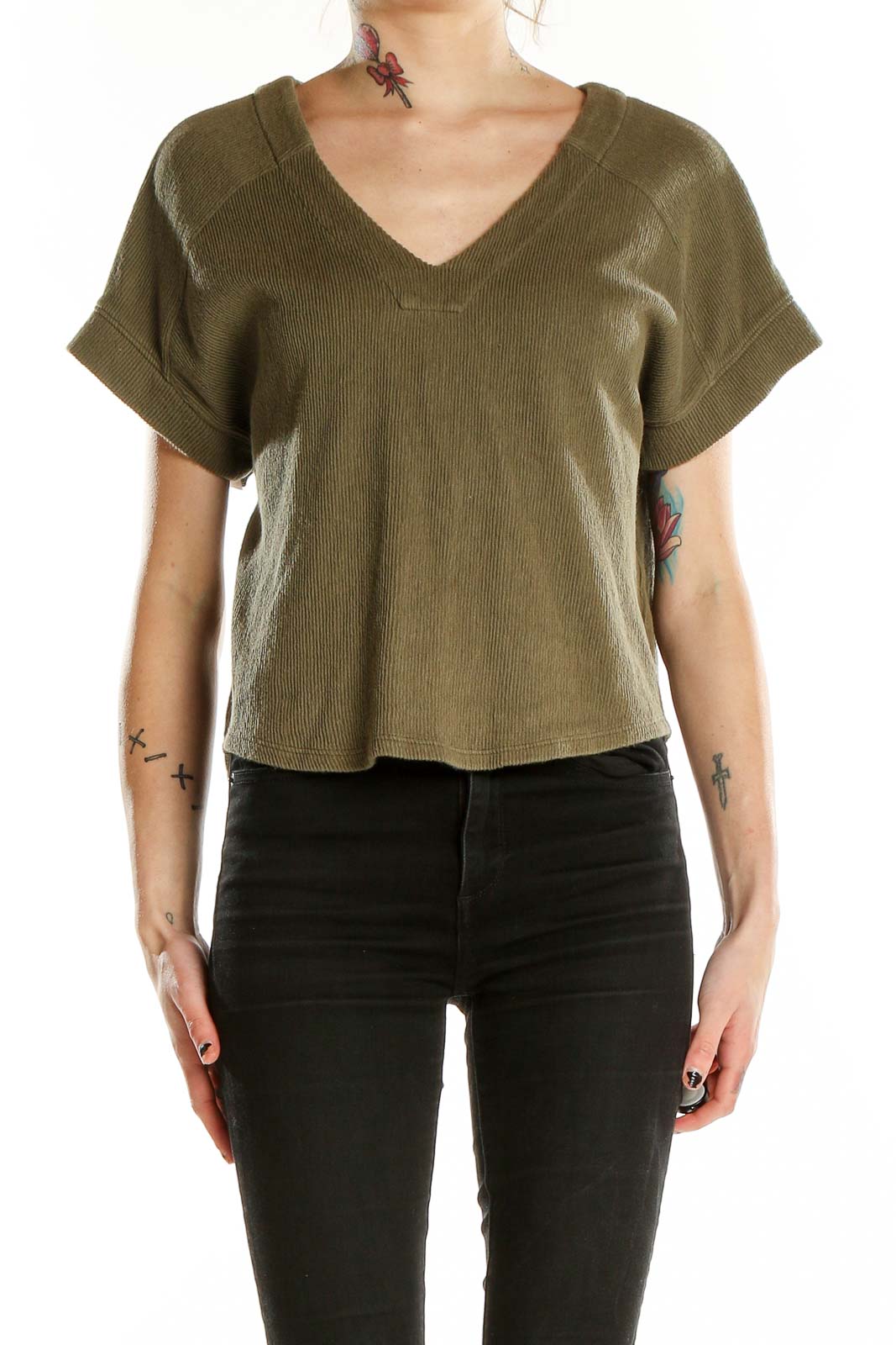 Front view of Madewell olive V-neck cotton top with short sleeves