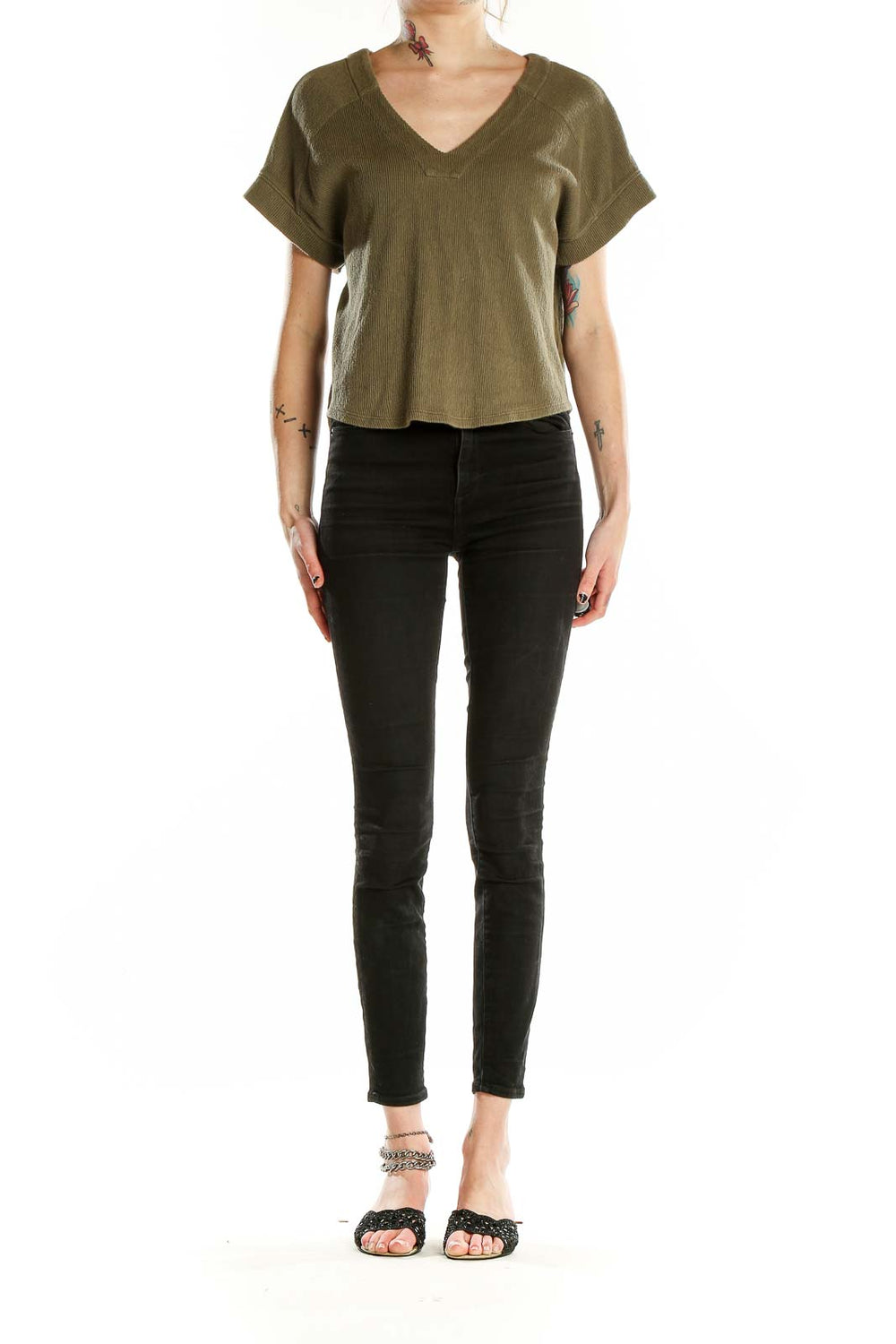 Front view of Madewell olive V-neck cotton top with short sleeves