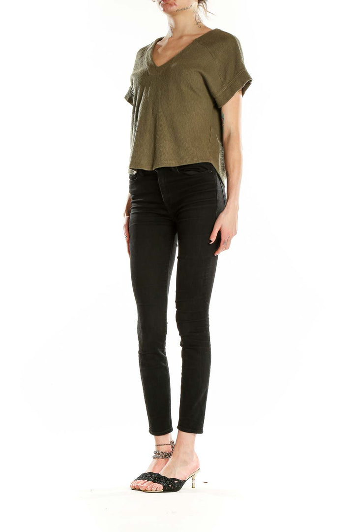 Front view of Madewell olive V-neck cotton top with short sleeves