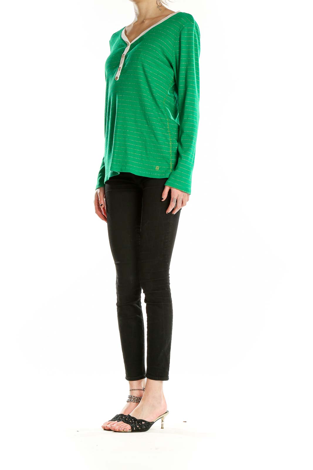 Front view of green striped Tommy Hilfiger henley top with white trim