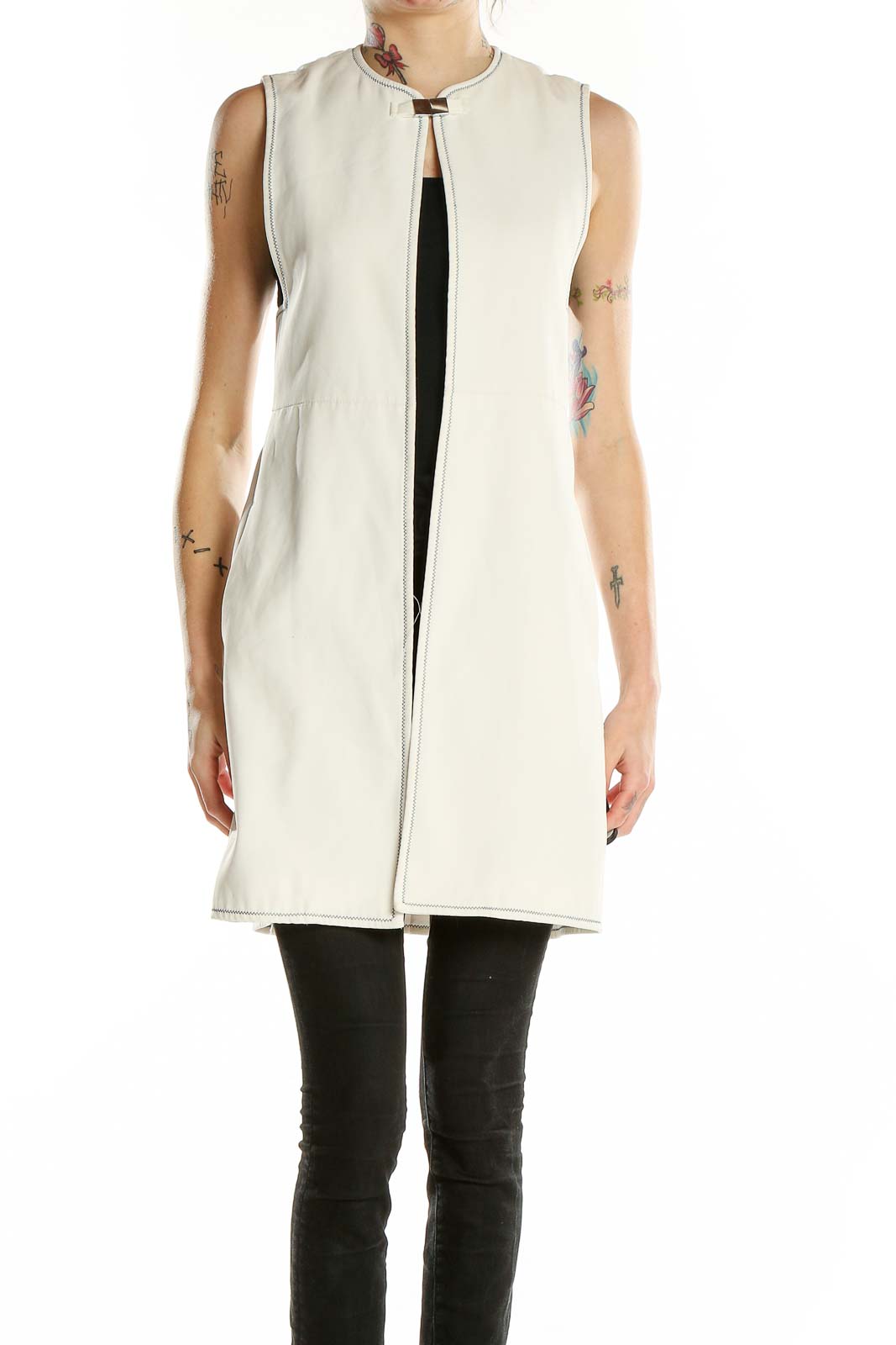 Front view of white sleeveless Zara Basic long vest
