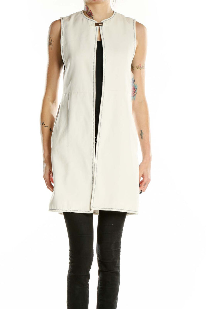 Front view of white sleeveless Zara Basic long vest