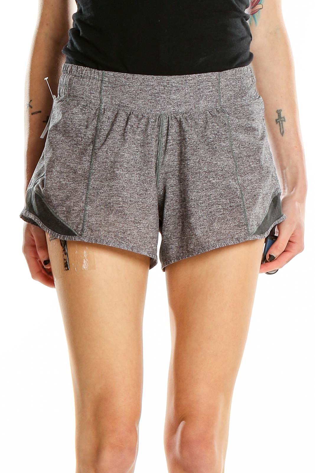 Front view of gray heathered Lululemon athletic shorts