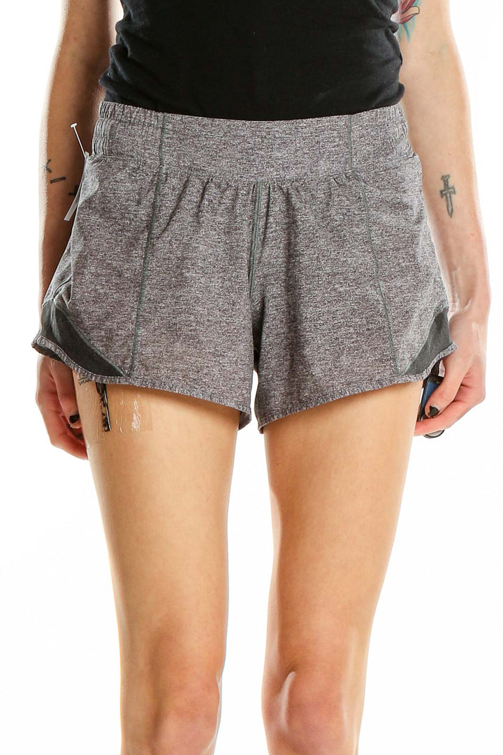 Front view of gray heathered Lululemon athletic shorts