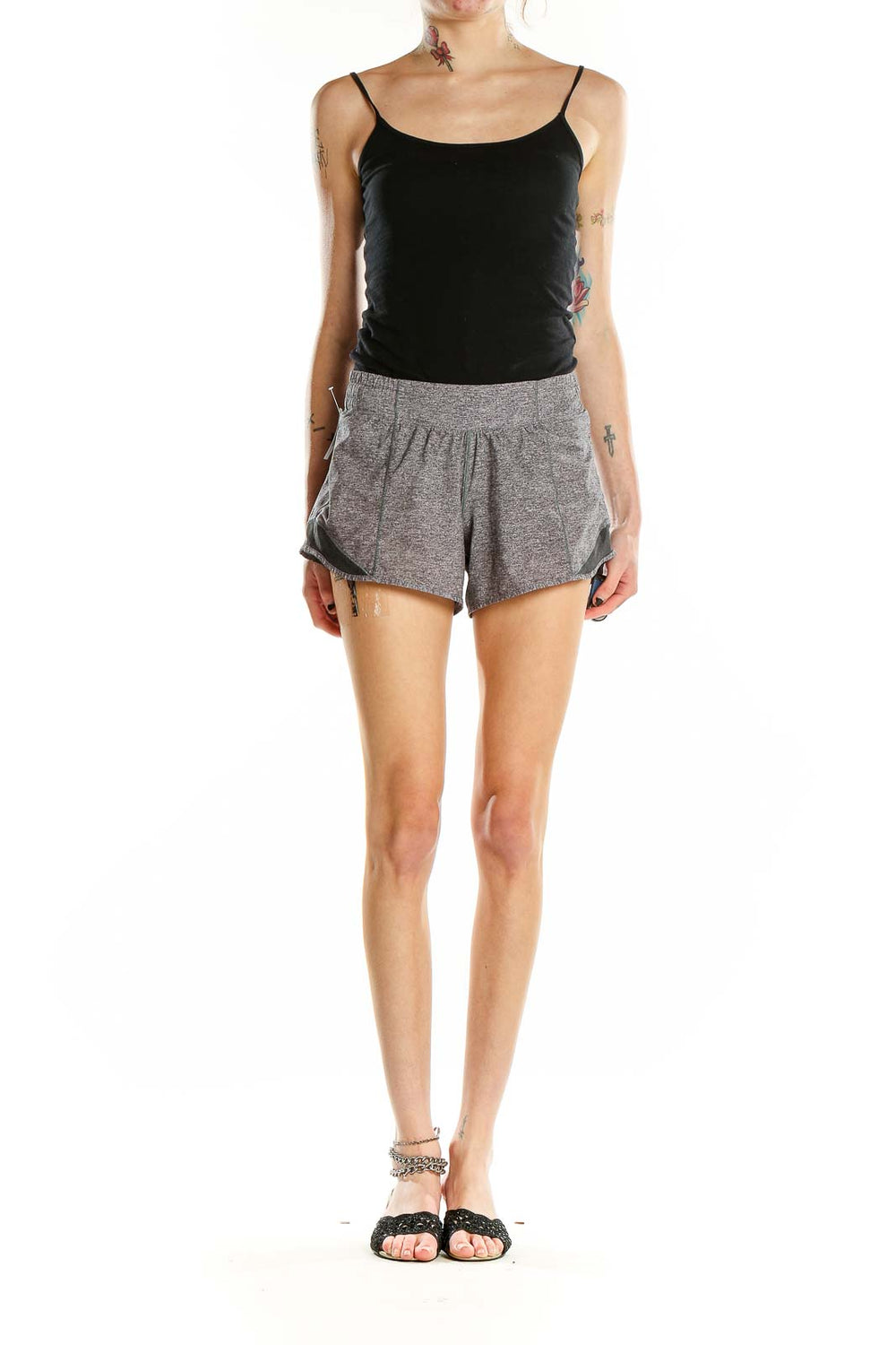 Front view of gray heathered Lululemon athletic shorts