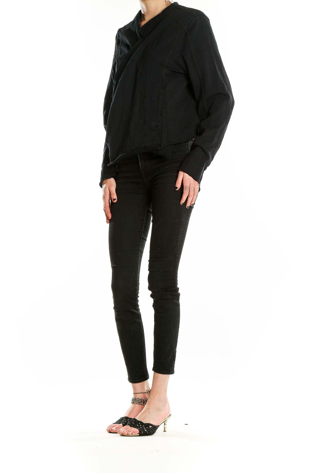 Front view of William Rast black cotton wrap-style jacket