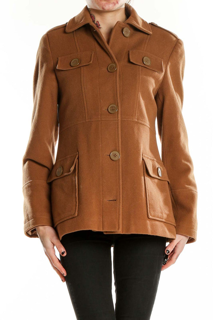 Front view of camel Topshop military-style button-up coat