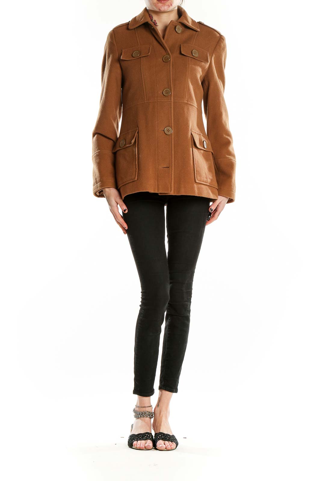Front view of camel Topshop military-style button-up coat