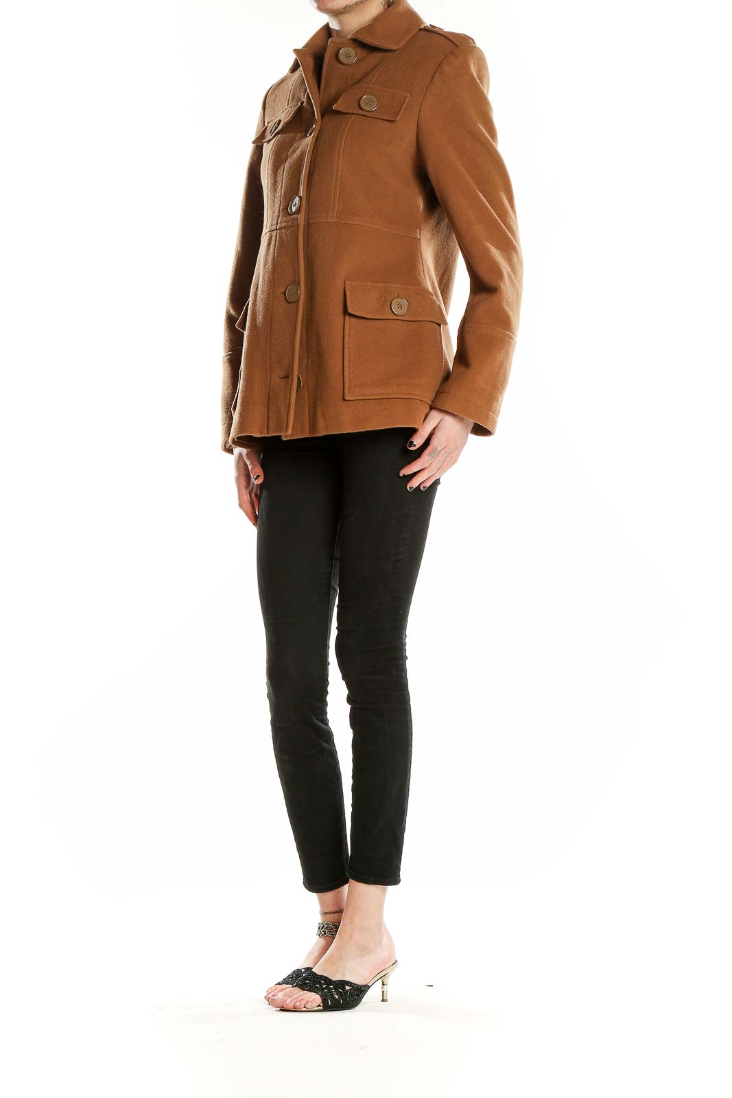 Front view of camel Topshop military-style button-up coat