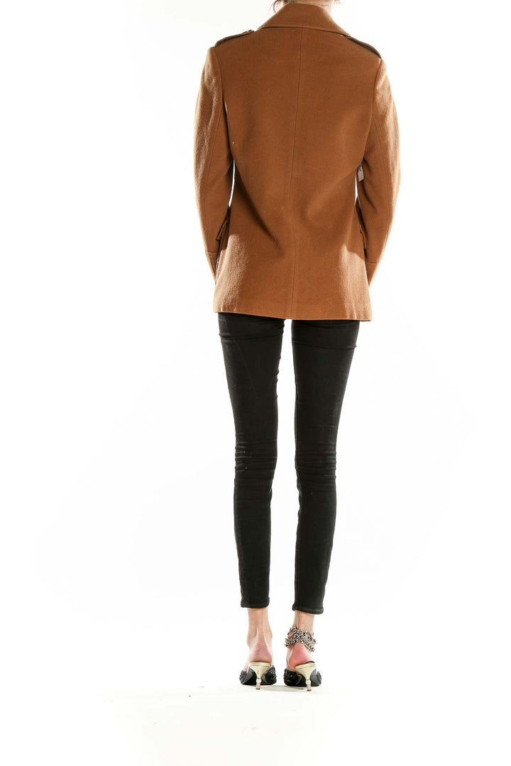 Back view of camel Topshop military-style button-up coat