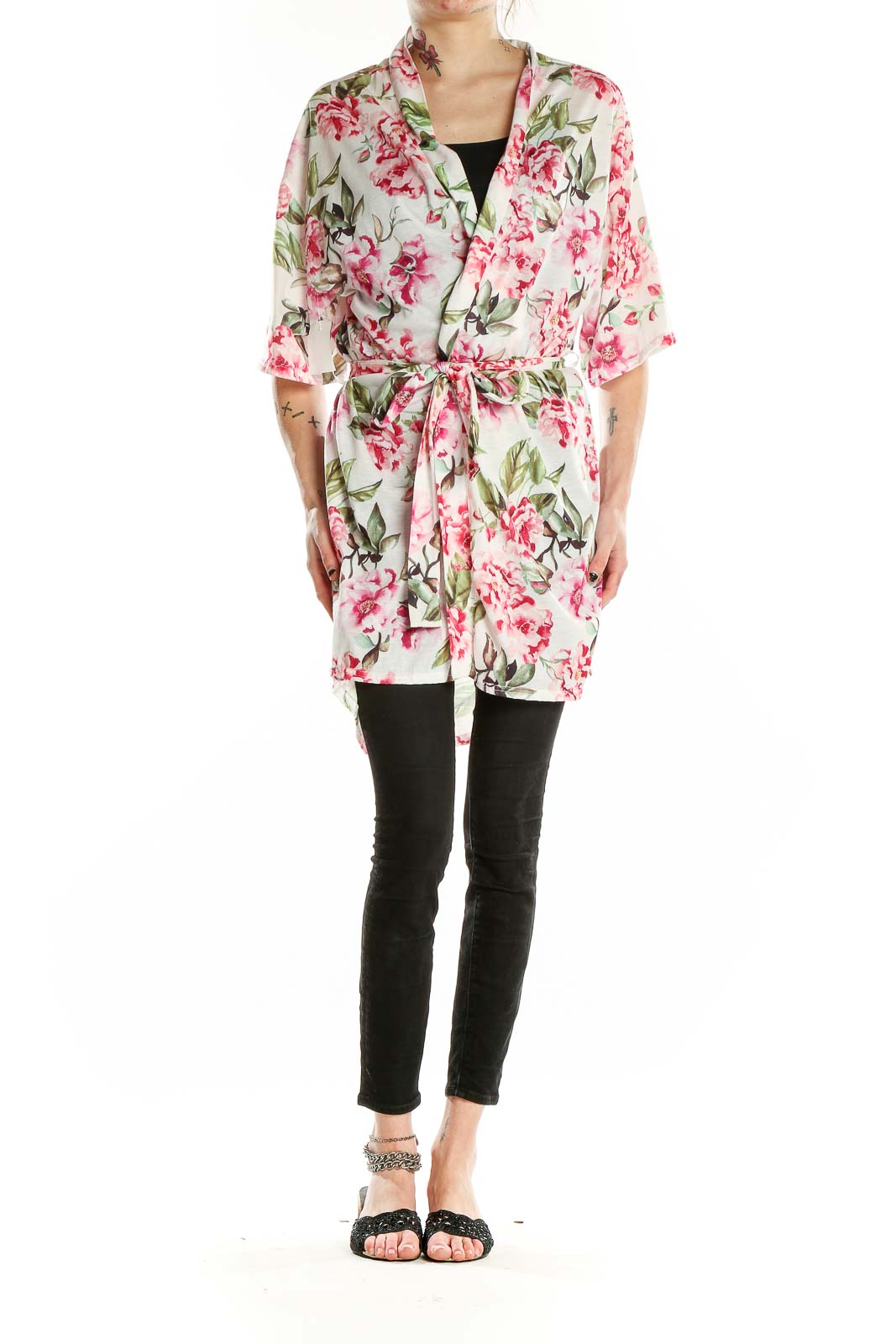 Front view of white floral kimono jacket by Show Me Your Mumu