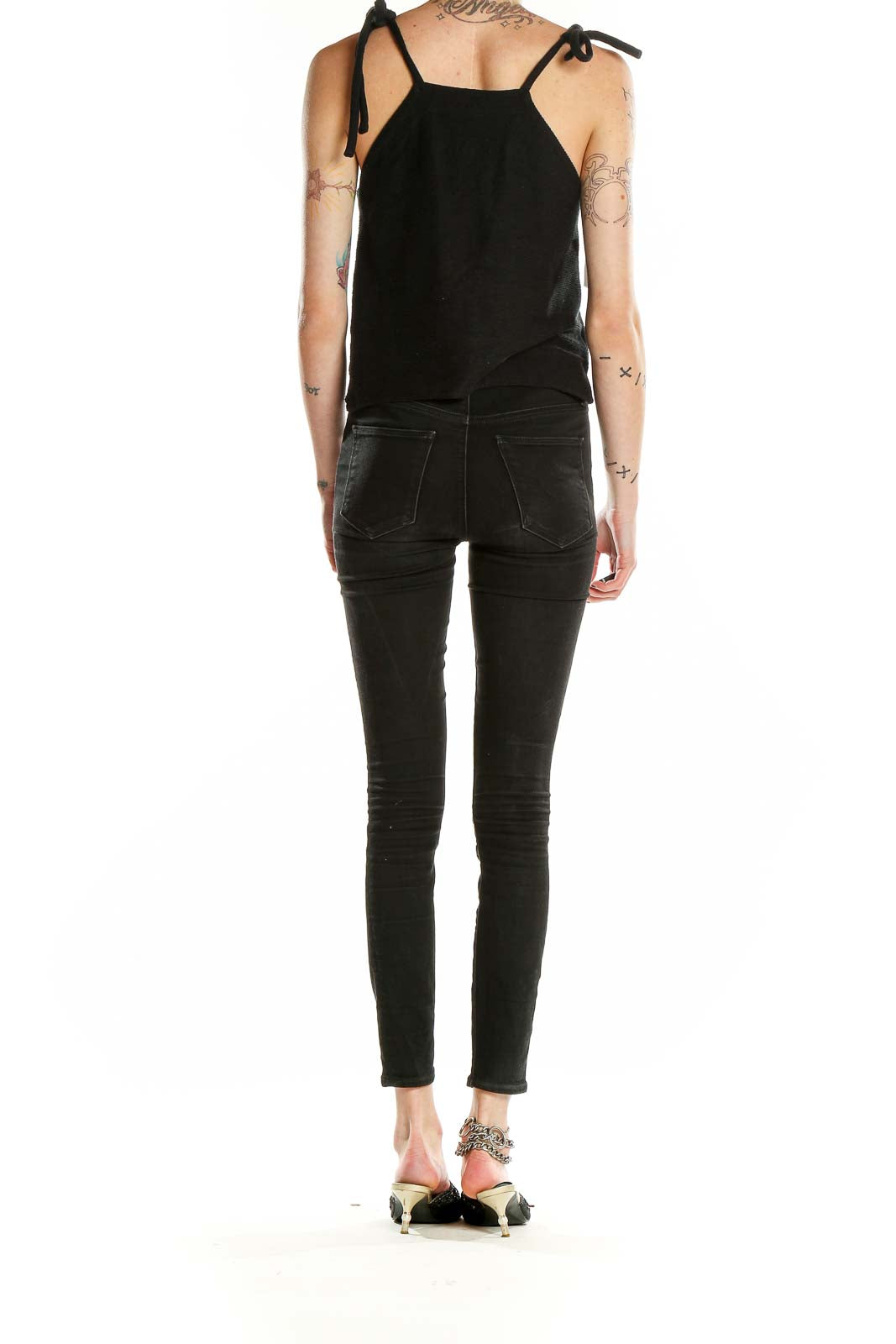 Back view of Madewell black cotton cropped tank top with tie straps