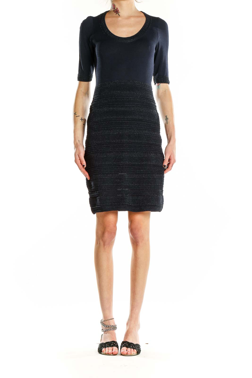 Front view of black textured bodycon dress by Marchesa Voyage