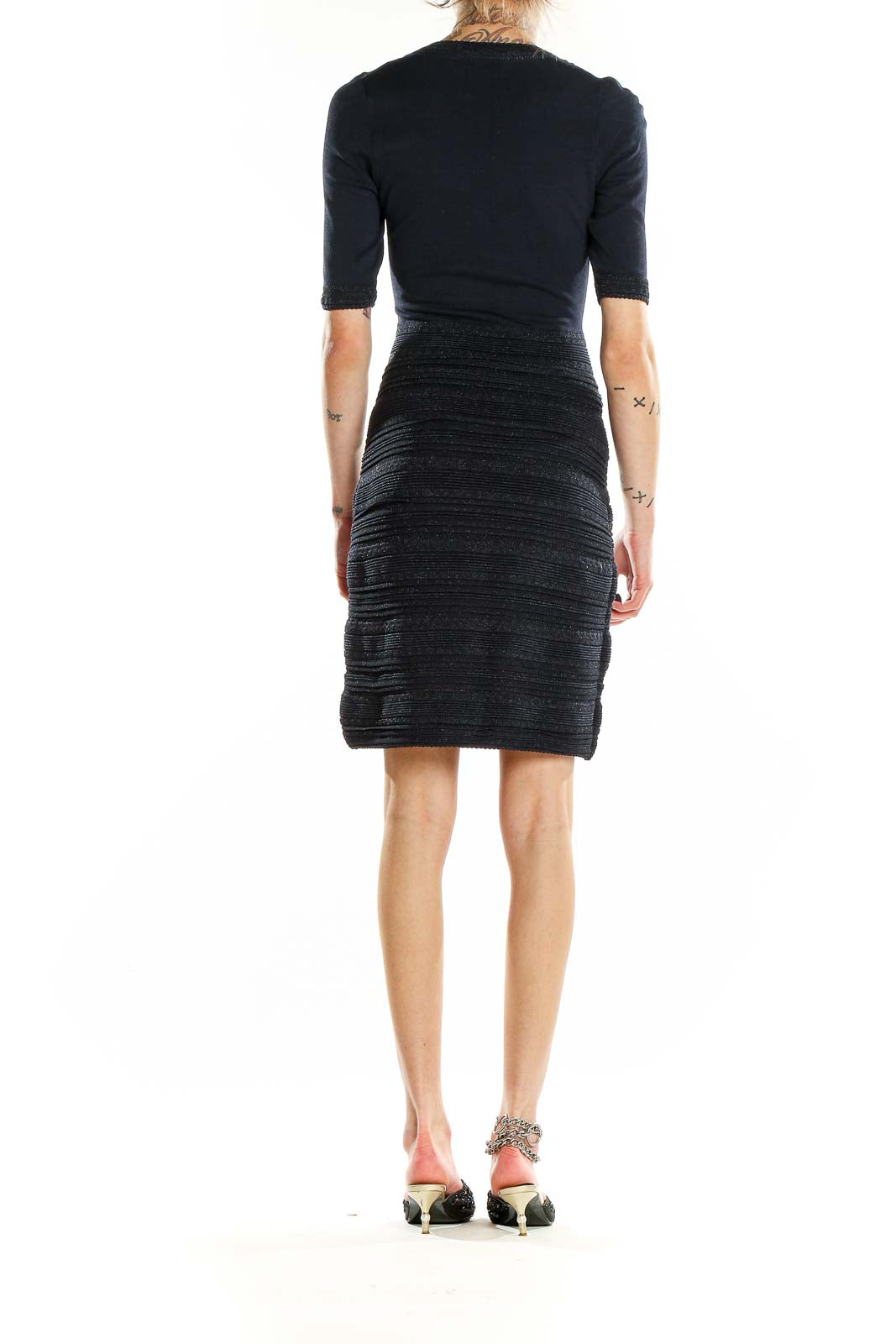 Back view of black textured bodycon dress by Marchesa Voyage