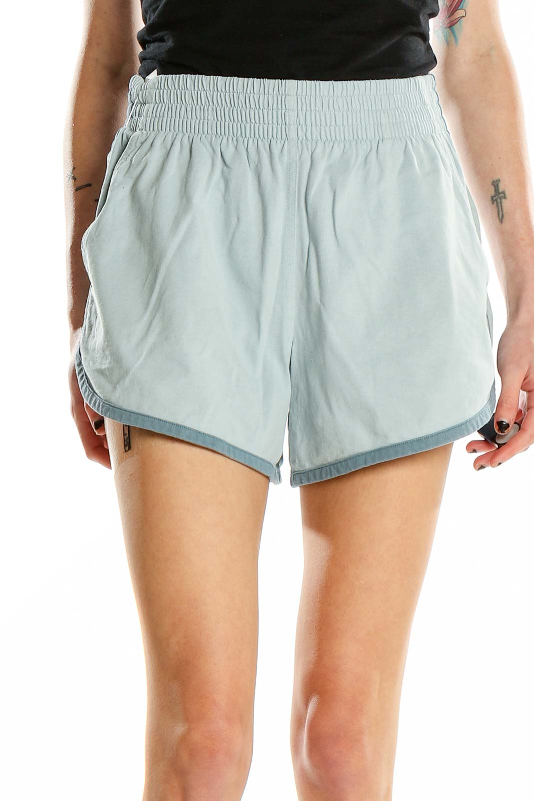 Front view of Everlane mint green organic cotton shorts with elastic waistband