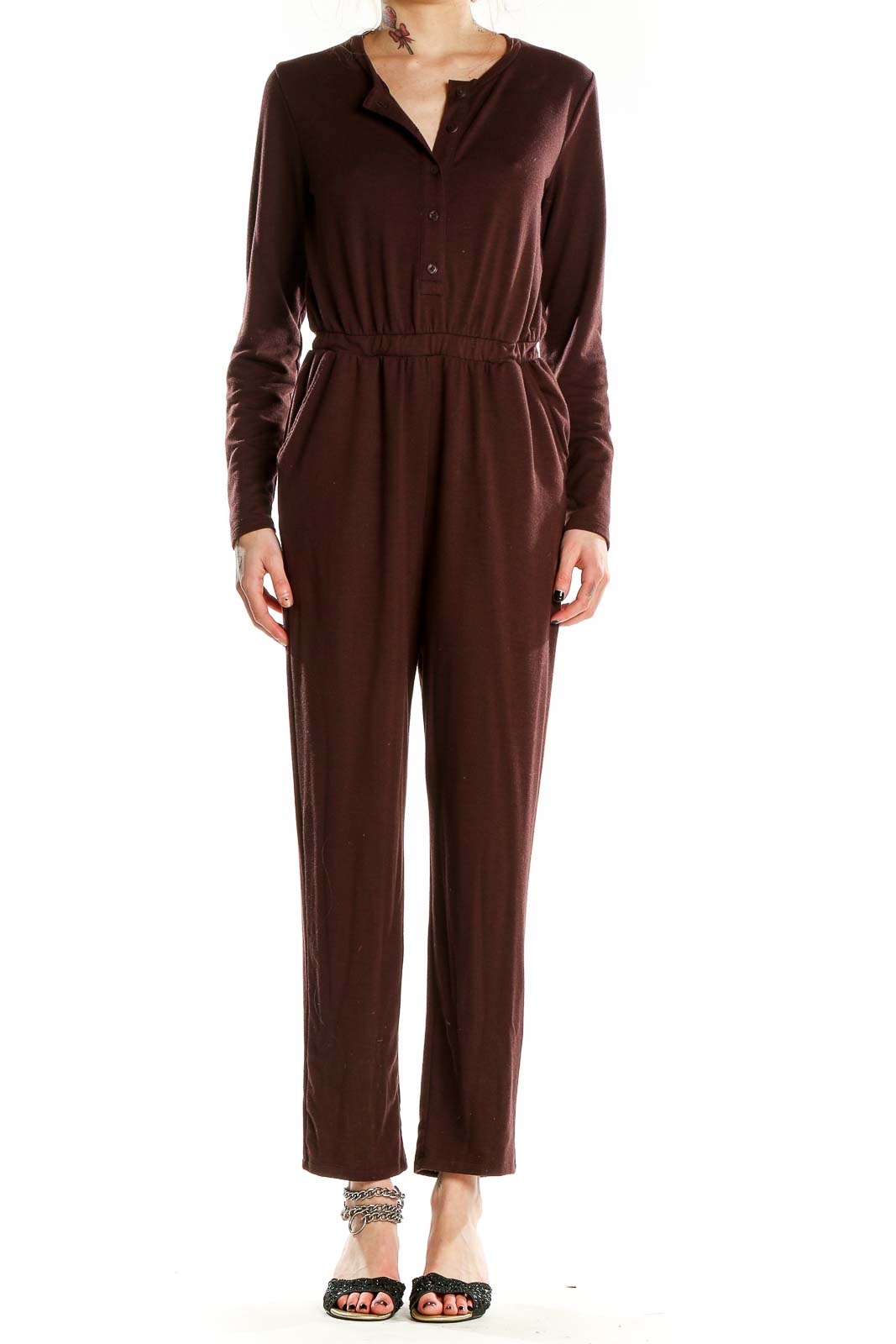 Front view of Gap brown long-sleeve button-up jumpsuit