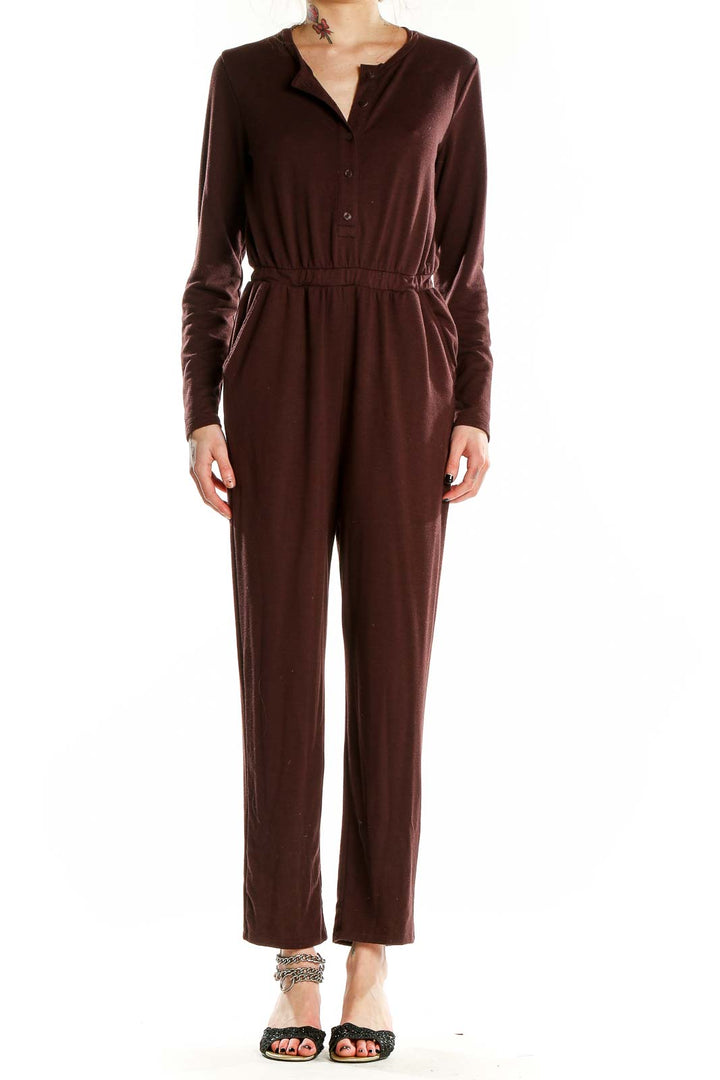 Front view of Gap brown long-sleeve button-up jumpsuit