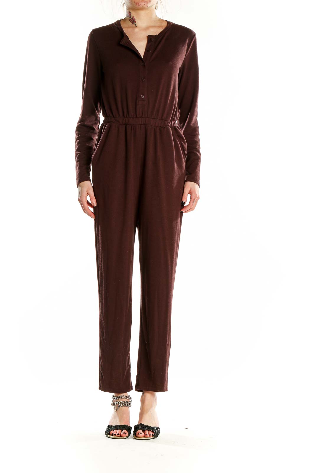 Front view of Gap brown long-sleeve button-up jumpsuit