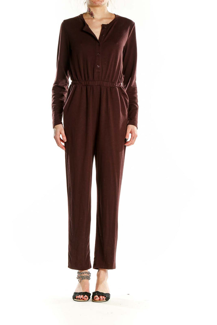 Front view of Gap brown long-sleeve button-up jumpsuit