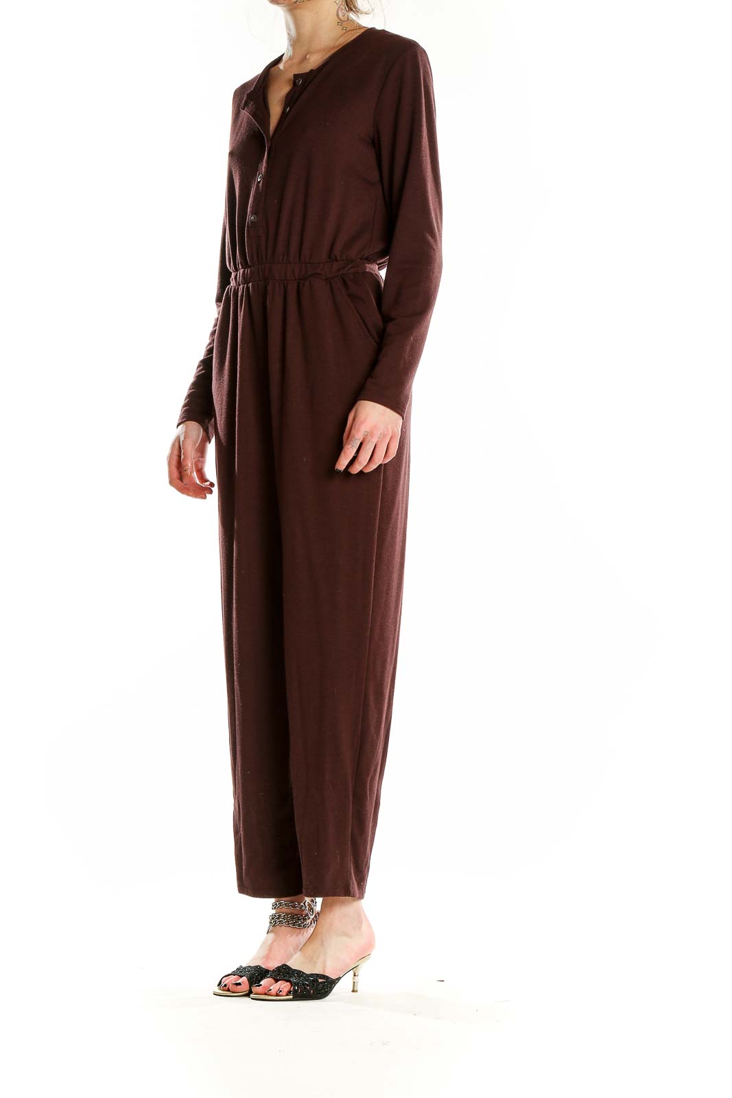 Front view of Gap brown long-sleeve button-up jumpsuit