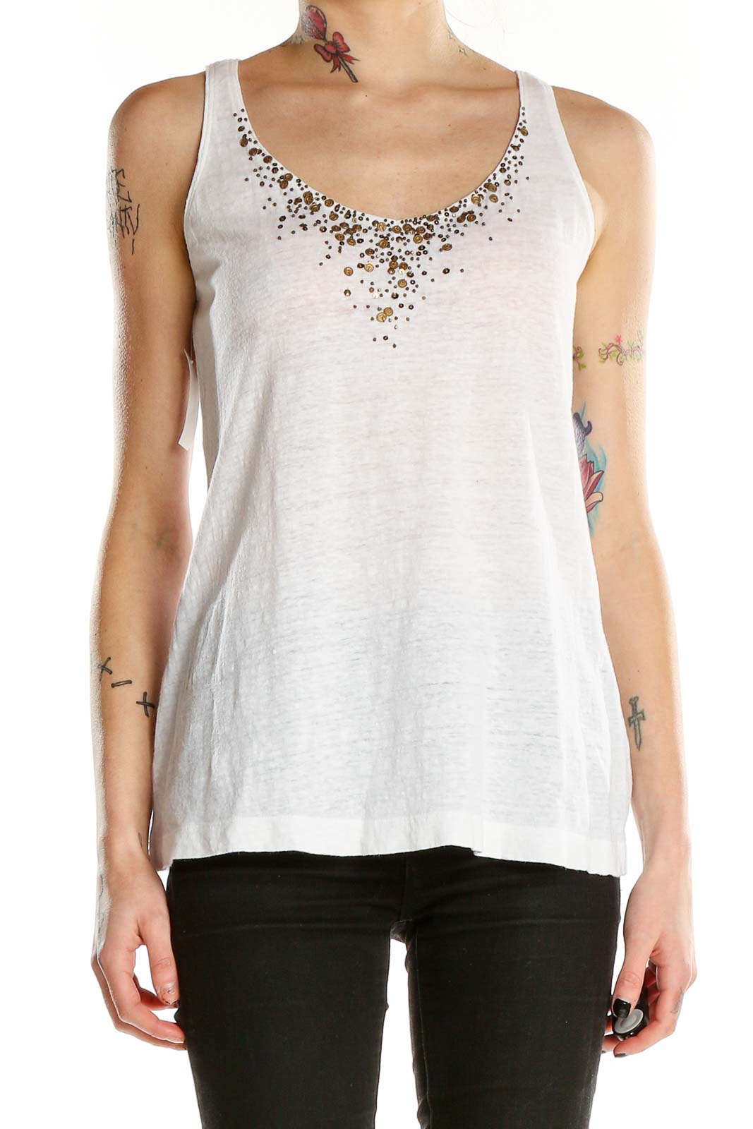 Front view of Eileen Fisher white linen tank top with embellished neckline