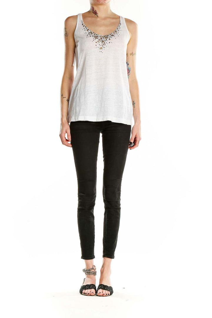 Front view of Eileen Fisher white linen tank top with embellished neckline