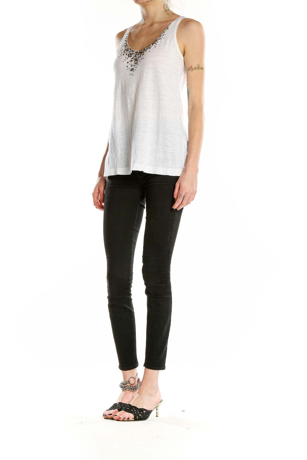 Front view of Eileen Fisher white linen tank top with embellished neckline
