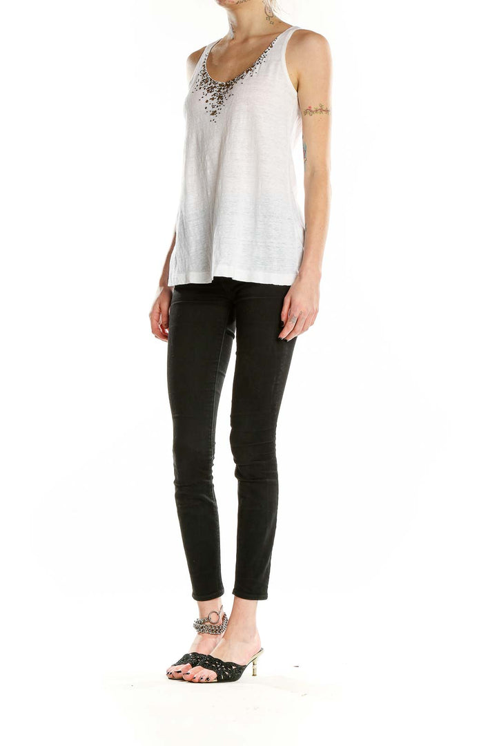 Front view of Eileen Fisher white linen tank top with embellished neckline