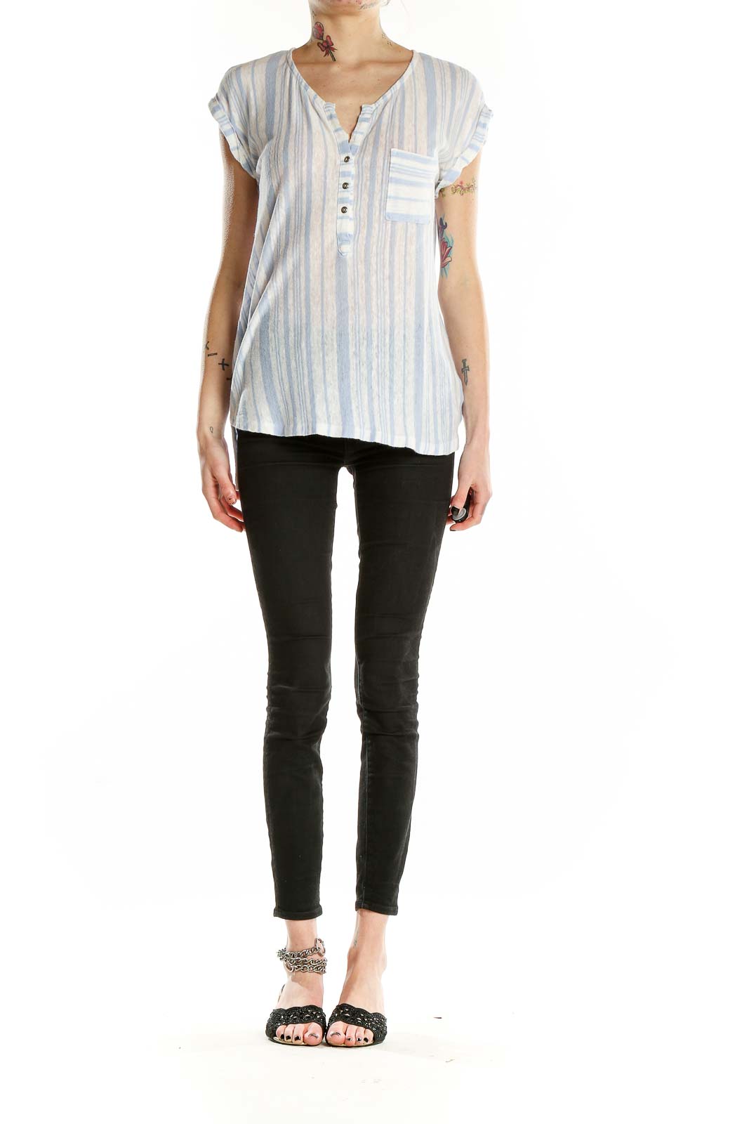 Front view of C&C California blue and white striped linen top with henley neckline
