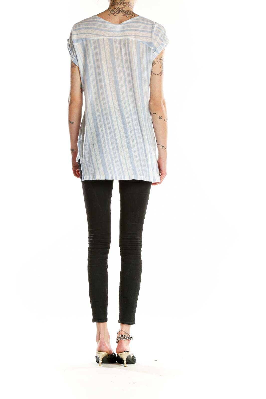 Back view of C&C California blue and white striped linen top showing relaxed fit