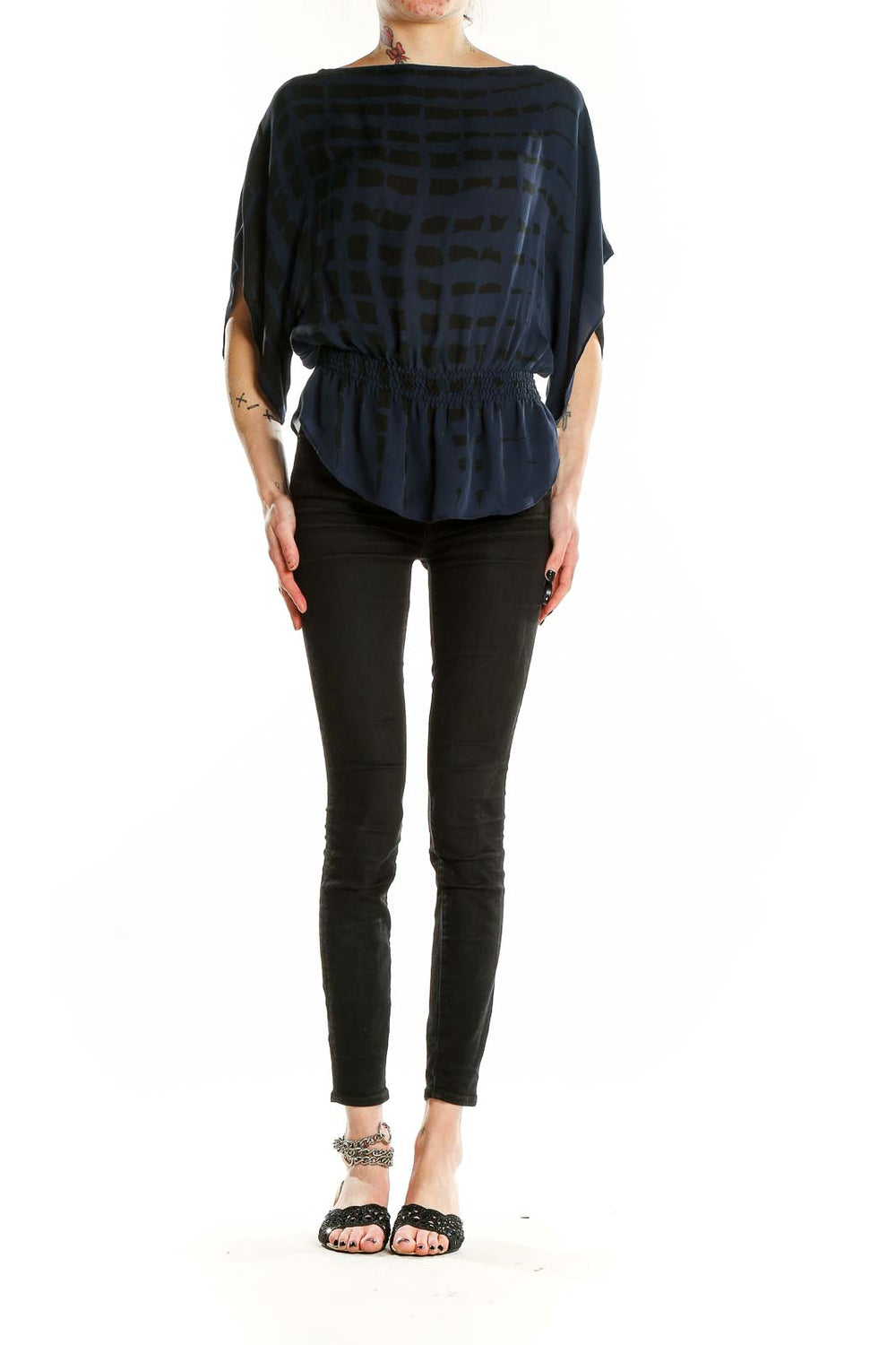 Front view of Parker navy silk blouse with geometric print and dolman sleeves