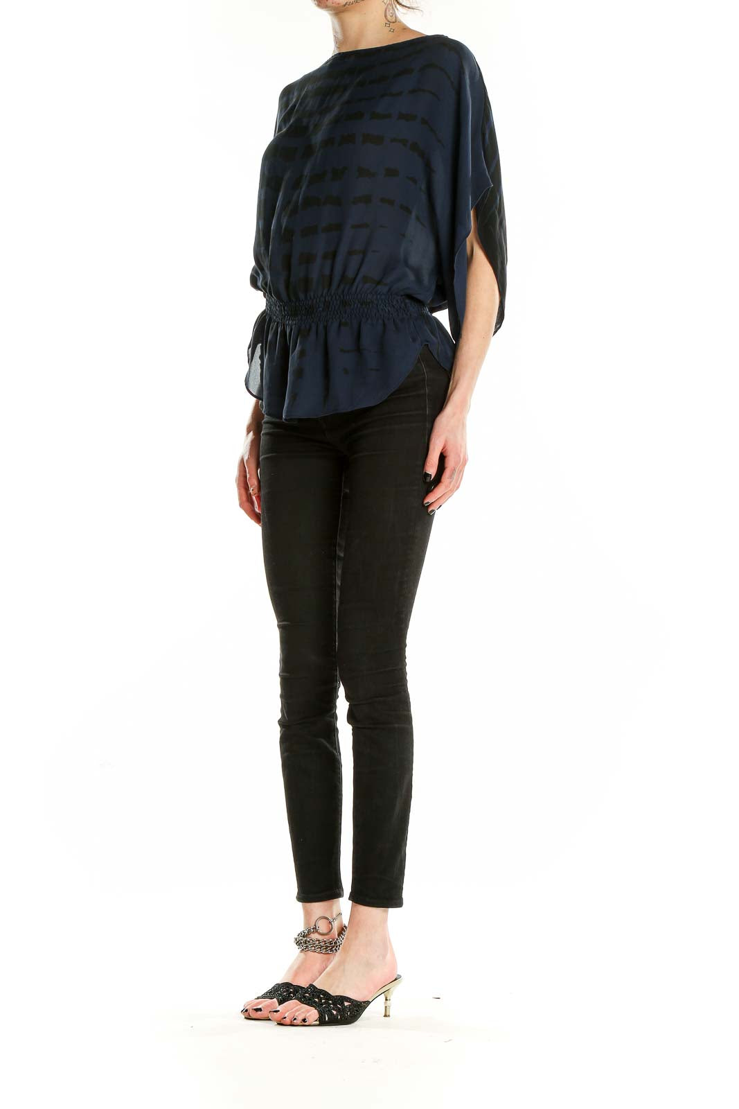 Front view of Parker navy silk blouse with geometric print and dolman sleeves